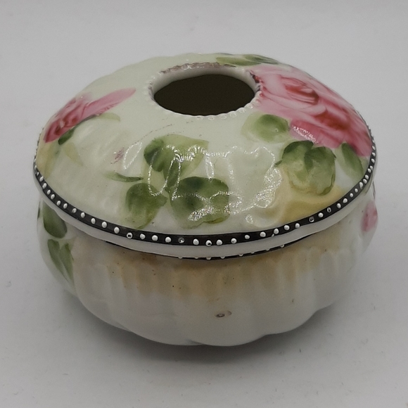Antique Vintage Hair Receiver Hand Painted Pink Roses Green Leaves Porcelain - Picture 2 of 8